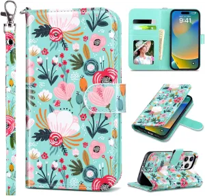 ULAK Compatible with iPhone 15 Pro Wallet Case with Card Holder, Flower Flip Case Wallet for Women Girls PU Leather Kickstand Wrist Strap Shockproof Phone Cover for iPhone 15 Pro 6.1", Mint Floral