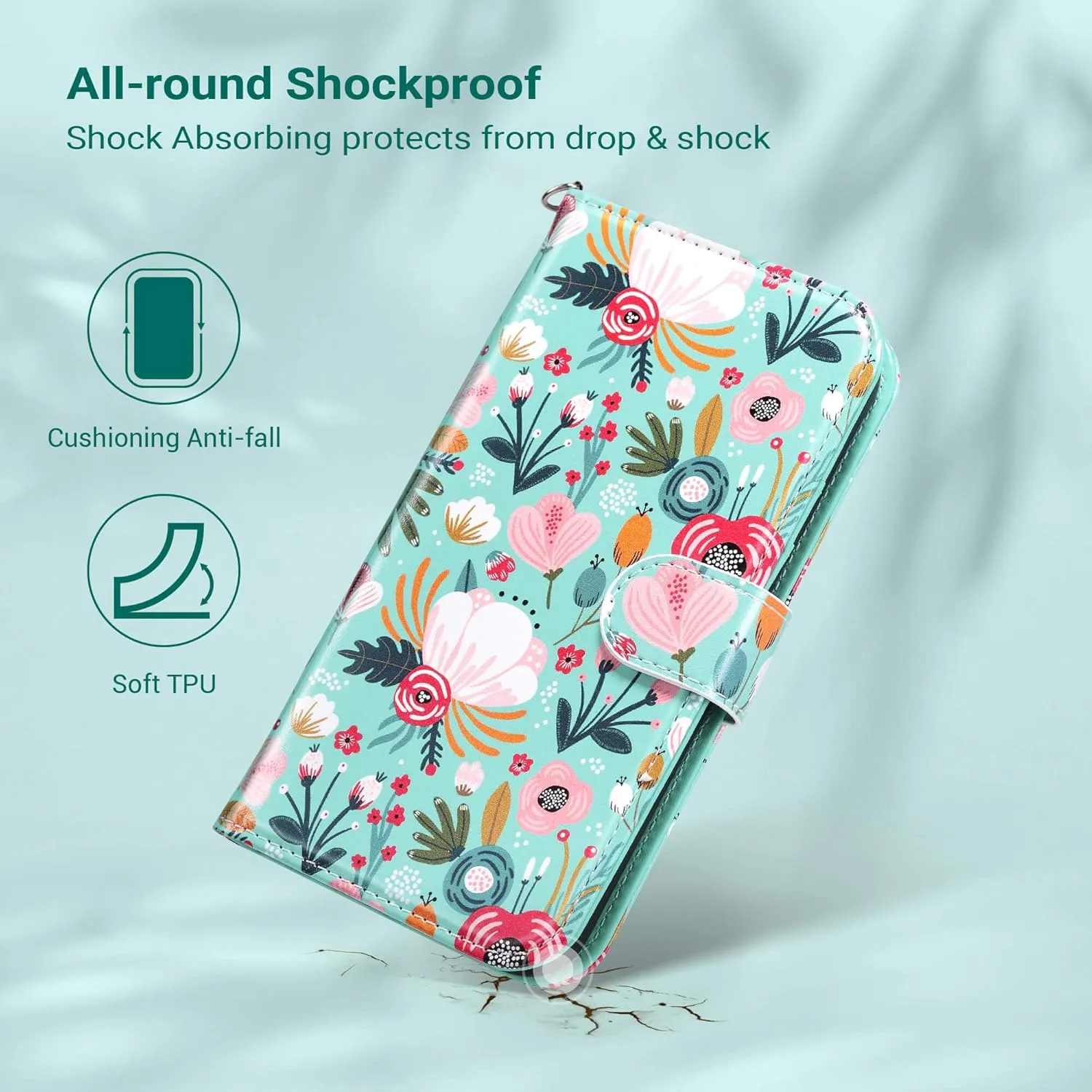 ULAK Compatible with iPhone 15 Pro Wallet Case with Card Holder, Flower Flip Case Wallet for Women Girls PU Leather Kickstand Wrist Strap Shockproof Phone Cover for iPhone 15 Pro 6.1", Mint Floral