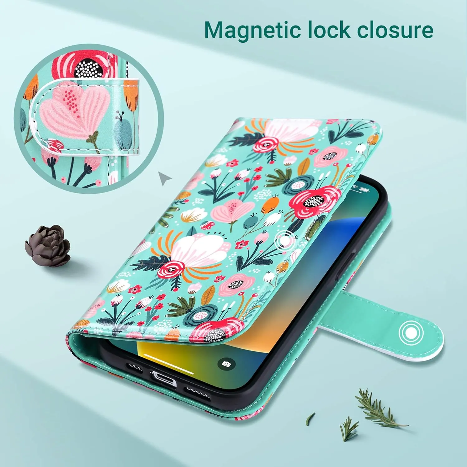 ULAK Compatible with iPhone 15 Pro Wallet Case with Card Holder, Flower Flip Case Wallet for Women Girls PU Leather Kickstand Wrist Strap Shockproof Phone Cover for iPhone 15 Pro 6.1", Mint Floral