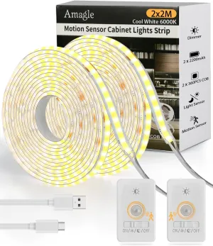 Under Cabinet Lighting, 2 Pack 6.56FT COB Led Light Strips Motion Sensor Light Indoor, 2200mAh Rechargeable Battery Operated Closet Stair Lights Motion Activated Under Cabinet Bed Led Strip Lights