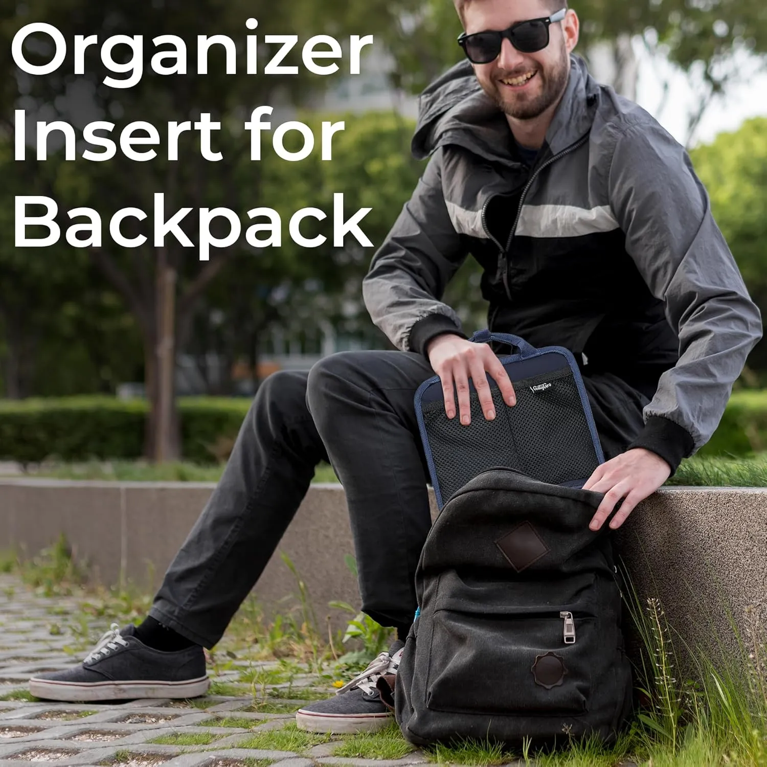 Unisex Foldable Vertical Backpack Organizer Insert for Tote Bag, Carry On, Picnic, Camping - 10 Pockets & Handle