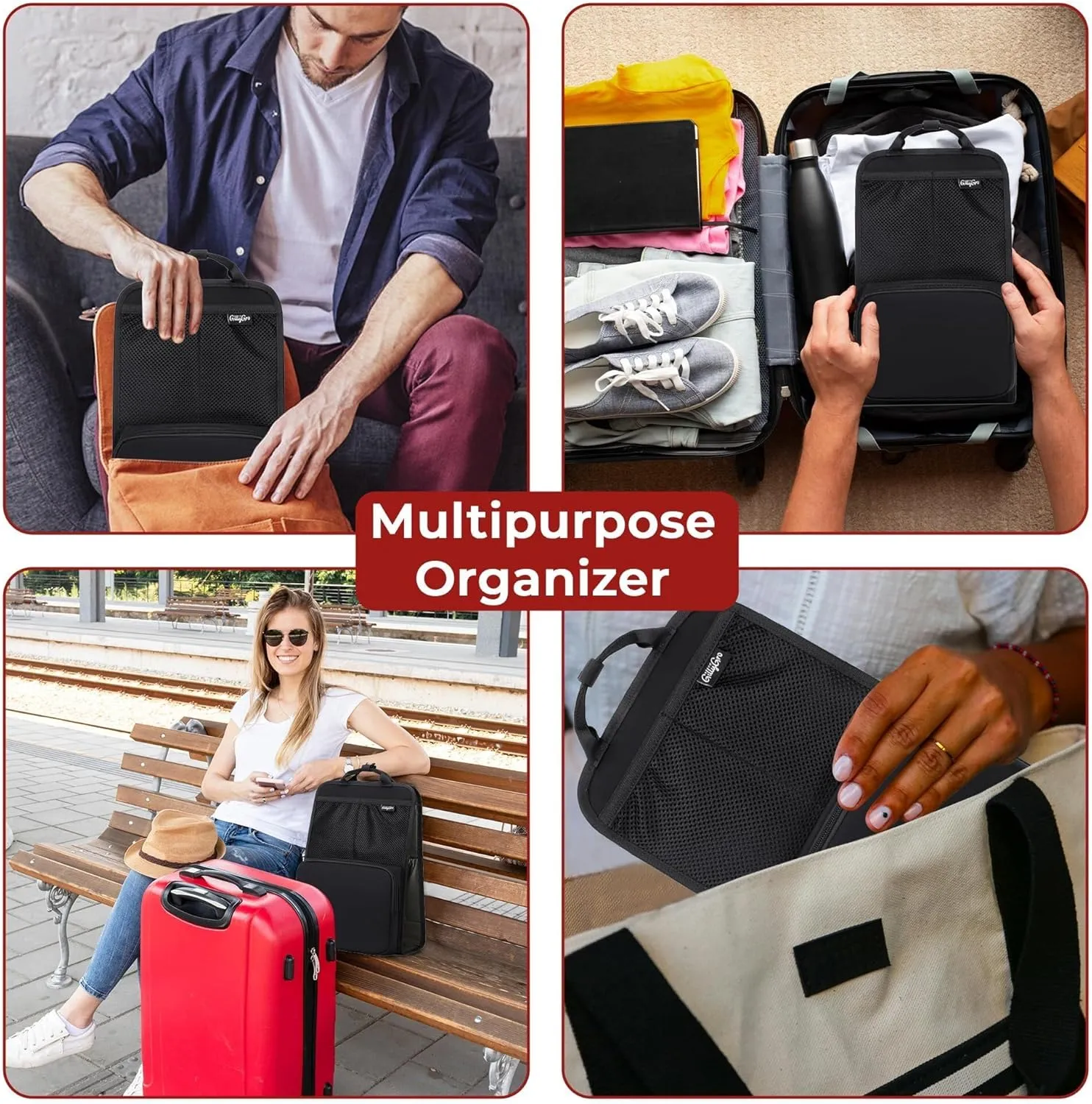 Unisex Foldable Vertical Backpack Organizer Insert for Tote Bag, Carry On, Picnic, Camping - 10 Pockets & Handle