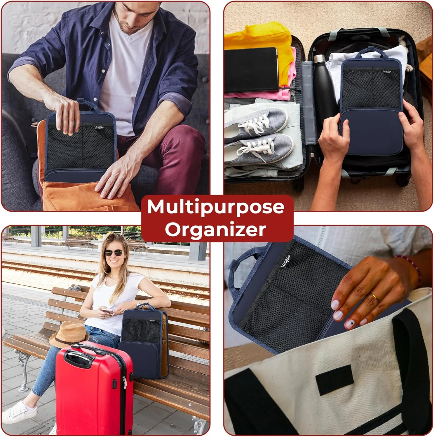 Unisex Foldable Vertical Backpack Organizer Insert for Tote Bag, Carry On, Picnic, Camping - 10 Pockets & Handle