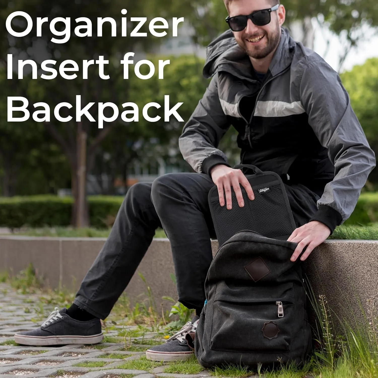 Unisex Foldable Vertical Backpack Organizer Insert for Tote Bag, Carry On, Picnic, Camping - 10 Pockets & Handle