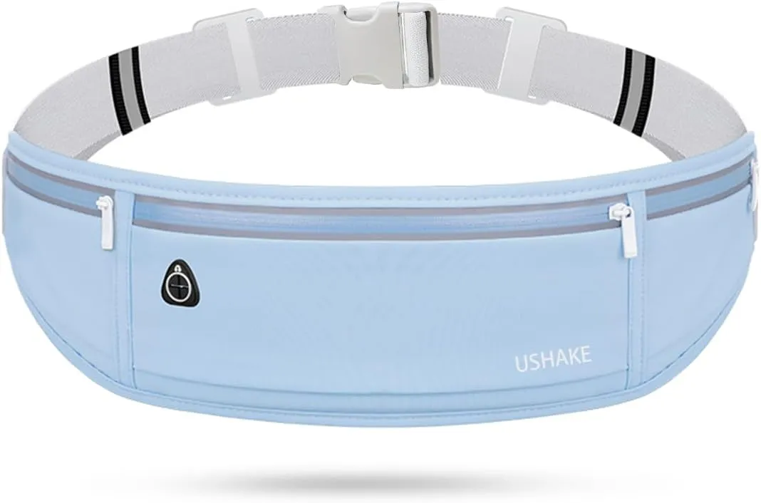 USHAKE Slim Running Belt, Workout Fanny Pack for Men Women,Exercise Waist Pack for Apple iPhone Holder, Runner Belt for Running Walking Cycling Camping Gym Light Blue