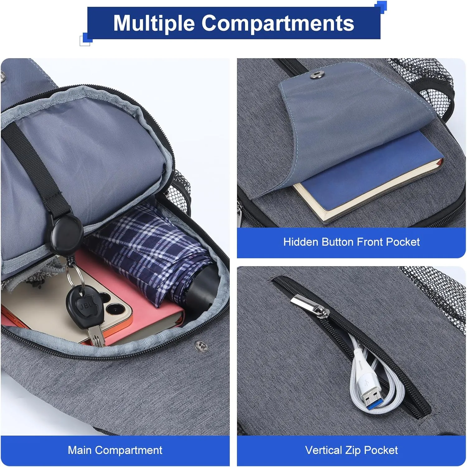 VADOO Sling Backpack with RFID Blocking and Phone Holder on Strap for Men Women Crossbody Chest Bag for Travel Hiking