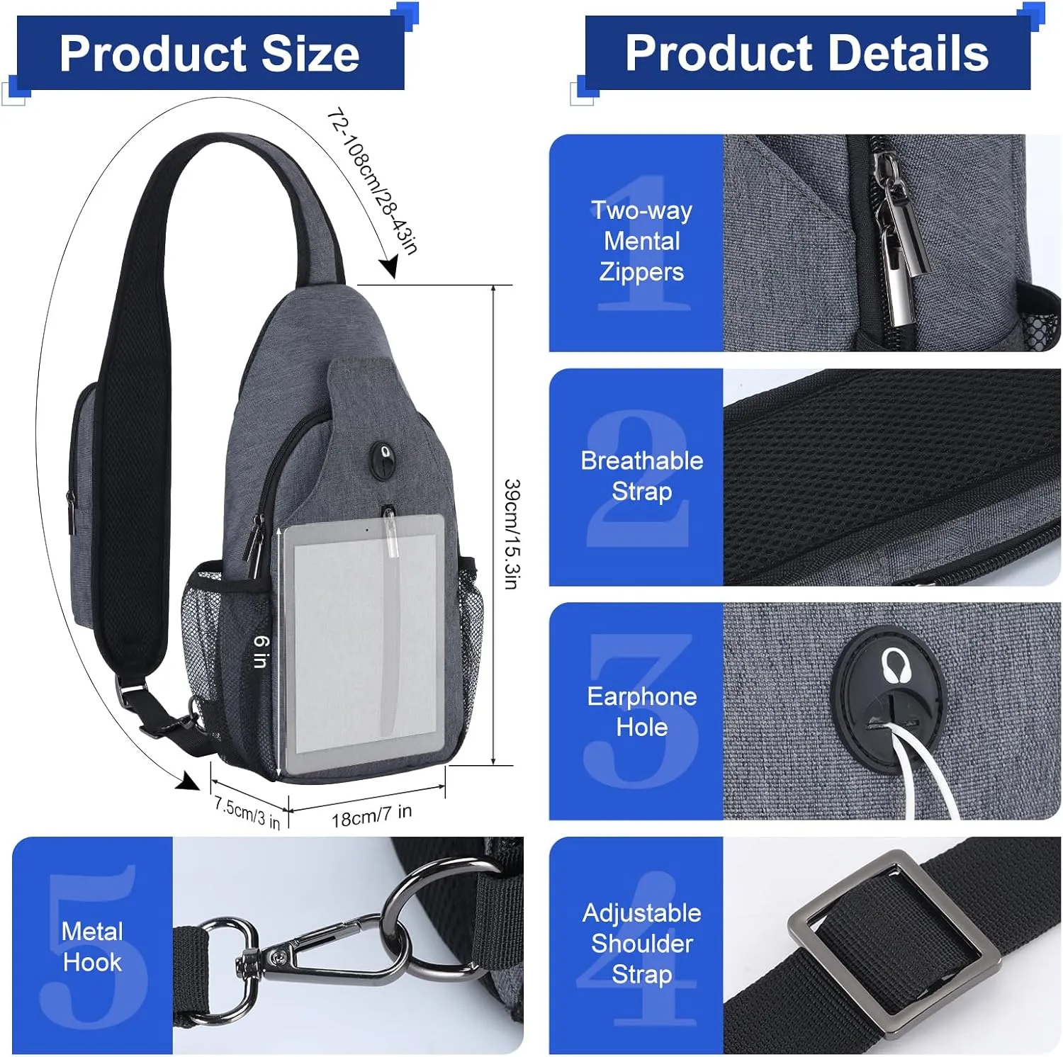 VADOO Sling Backpack with RFID Blocking and Phone Holder on Strap for Men Women Crossbody Chest Bag for Travel Hiking