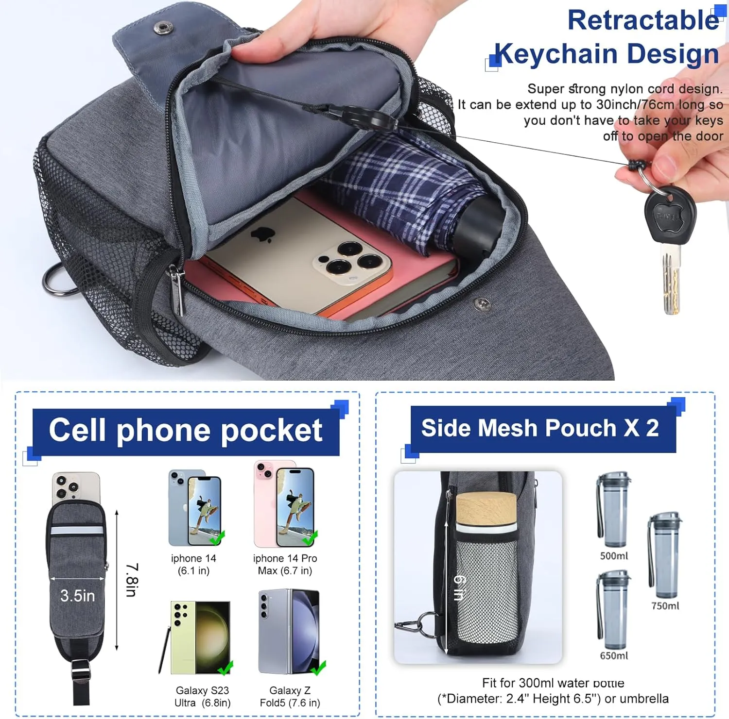 VADOO Sling Backpack with RFID Blocking and Phone Holder on Strap for Men Women Crossbody Chest Bag for Travel Hiking