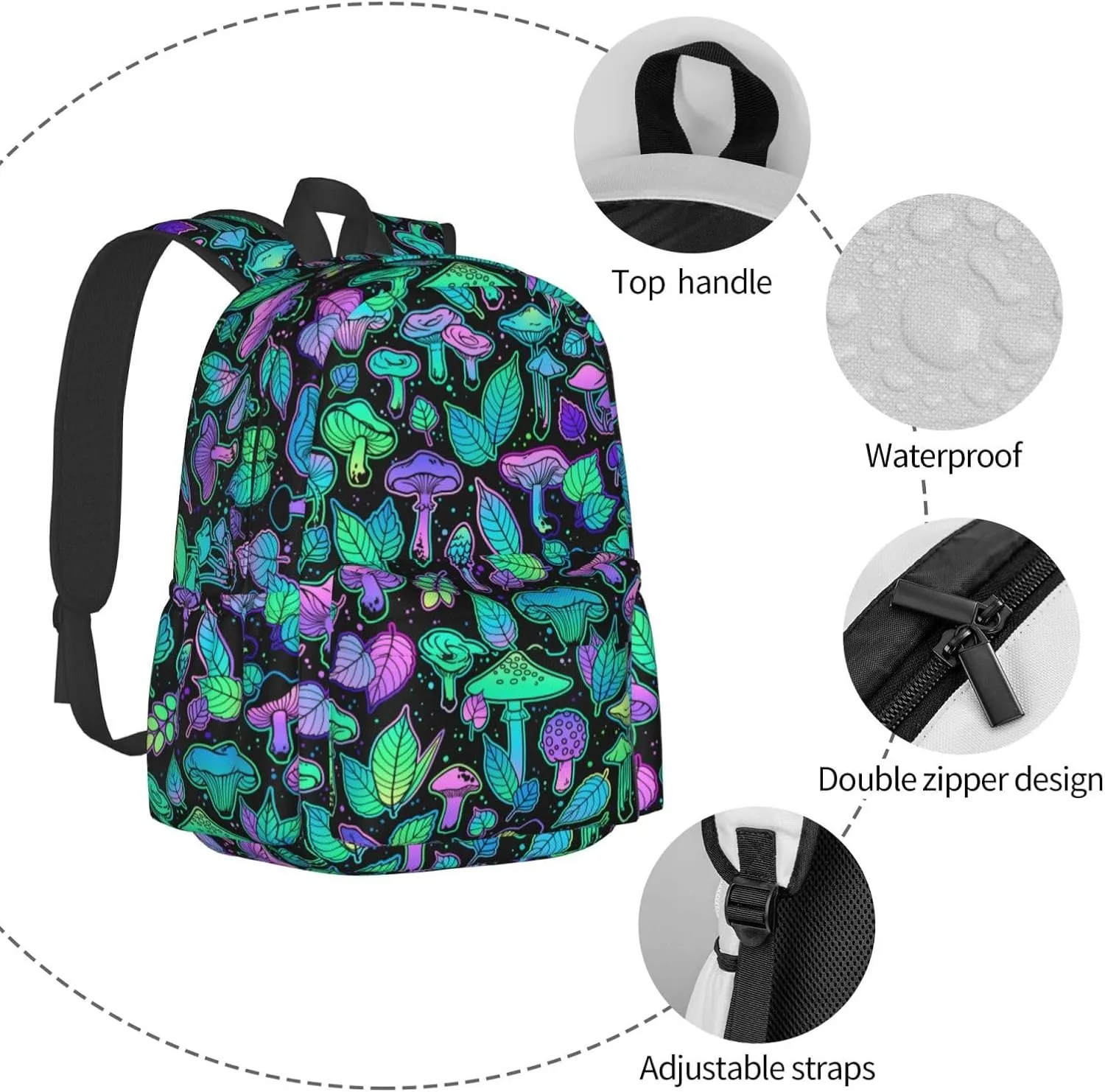 Various Bright Mushrooms Plant Leaves Laptop Commuter Backpack Shoulder Bag Casual Back Pack Daypack Bags With Side Pockets For Work Travel Daily Use