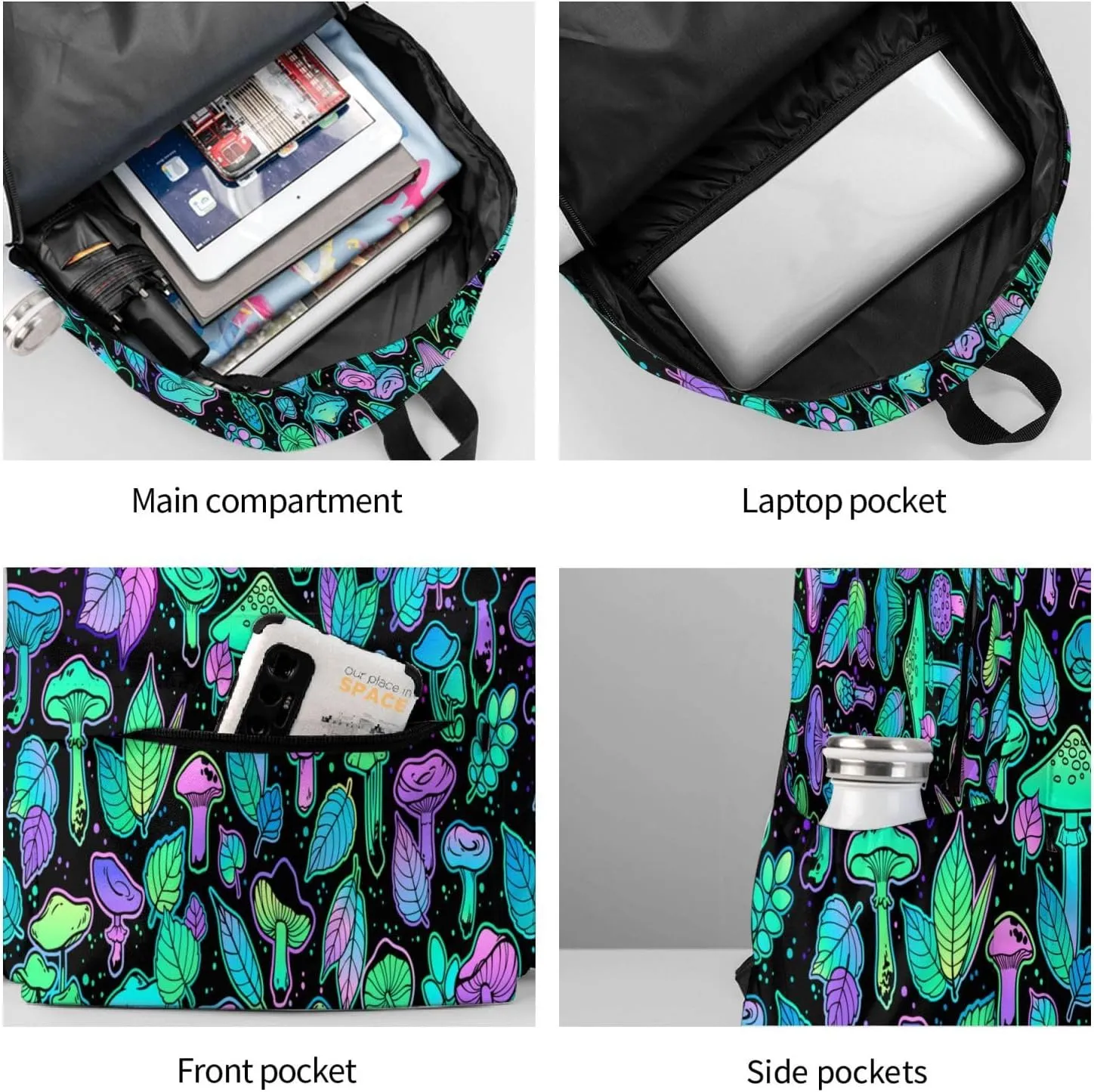 Various Bright Mushrooms Plant Leaves Laptop Commuter Backpack Shoulder Bag Casual Back Pack Daypack Bags With Side Pockets For Work Travel Daily Use