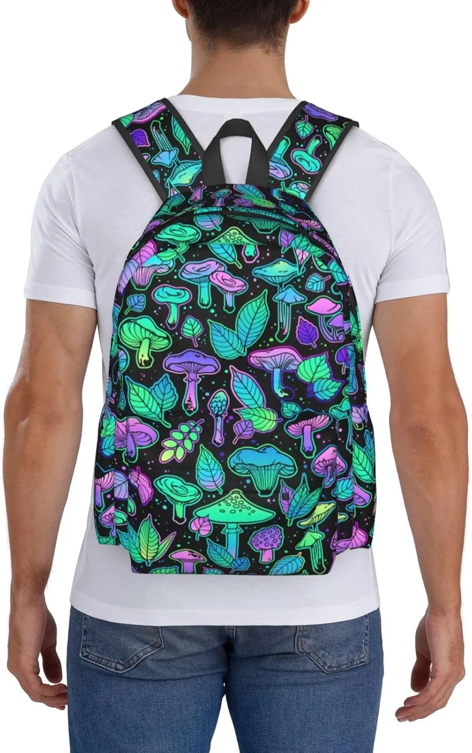 Various Bright Mushrooms Plant Leaves Laptop Commuter Backpack Shoulder Bag Casual Back Pack Daypack Bags With Side Pockets For Work Travel Daily Use