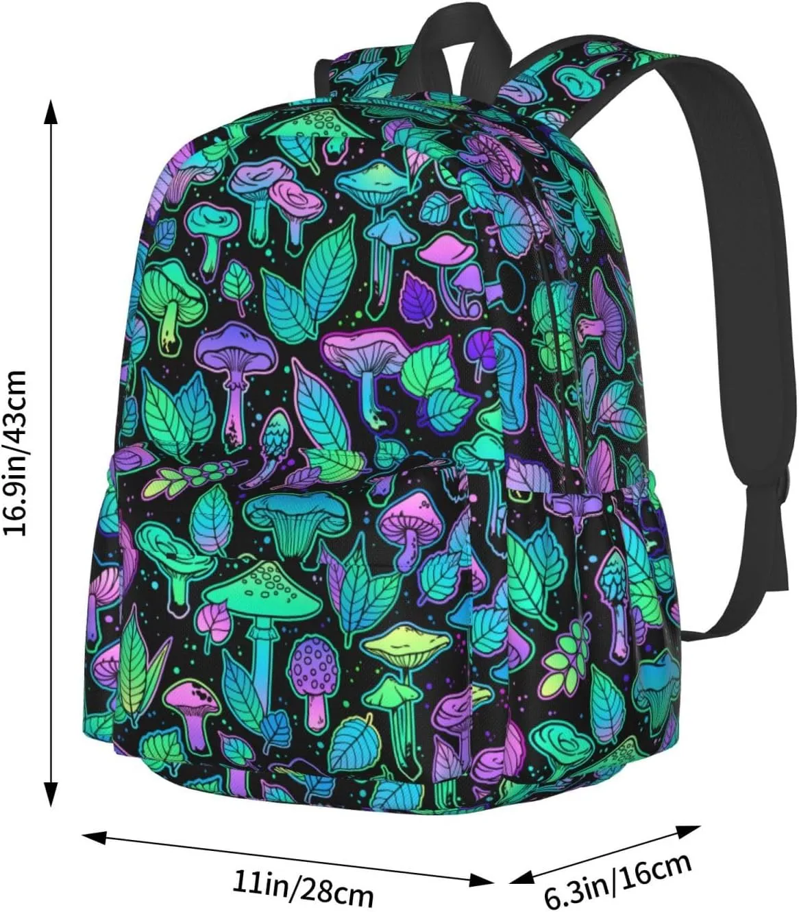 Various Bright Mushrooms Plant Leaves Laptop Commuter Backpack Shoulder Bag Casual Back Pack Daypack Bags With Side Pockets For Work Travel Daily Use