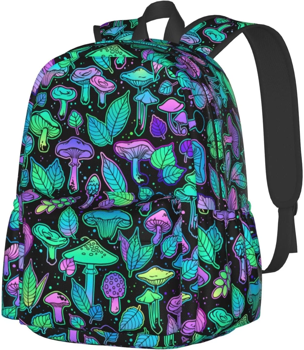 Various Bright Mushrooms Plant Leaves Laptop Commuter Backpack Shoulder Bag Casual Back Pack Daypack Bags With Side Pockets For Work Travel Daily Use