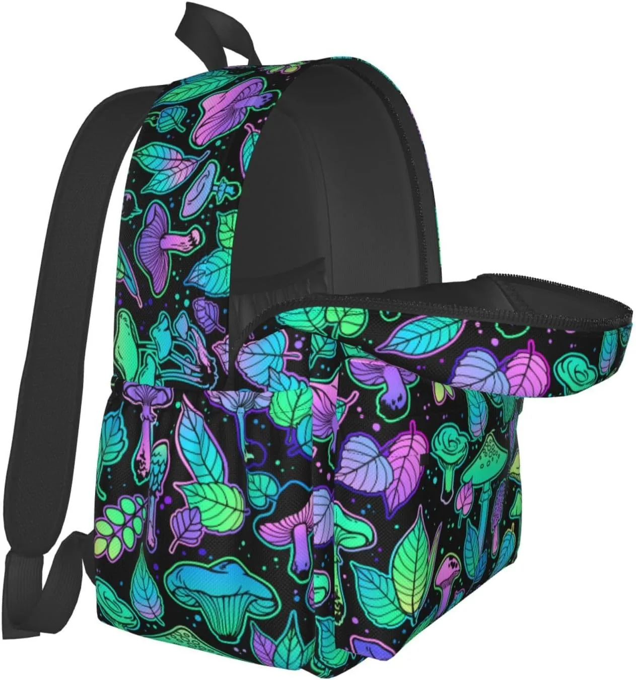 Various Bright Mushrooms Plant Leaves Laptop Commuter Backpack Shoulder Bag Casual Back Pack Daypack Bags With Side Pockets For Work Travel Daily Use