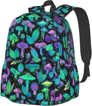 Various Bright Mushrooms Plant Leaves Laptop Commuter Backpack Shoulder Bag Casual Back Pack Daypack Bags With Side Pockets For Work Travel Daily Use
