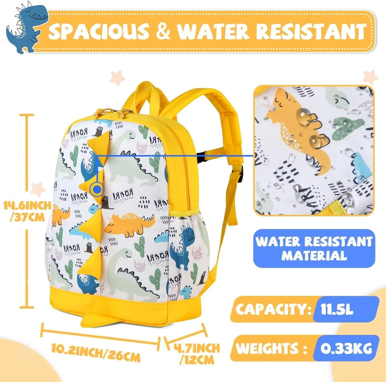 VASCHY Dinosaur Toddler Backpack, Cute Little Boys Girls Kids Schoolbag Bookbag w Chest Strap