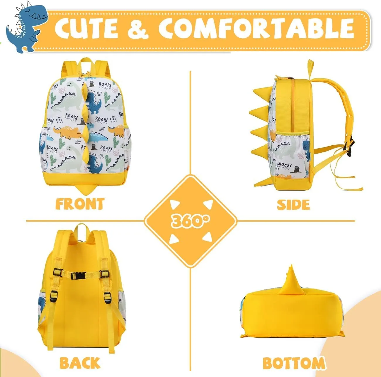 VASCHY Dinosaur Toddler Backpack, Cute Little Boys Girls Kids Schoolbag Bookbag w Chest Strap