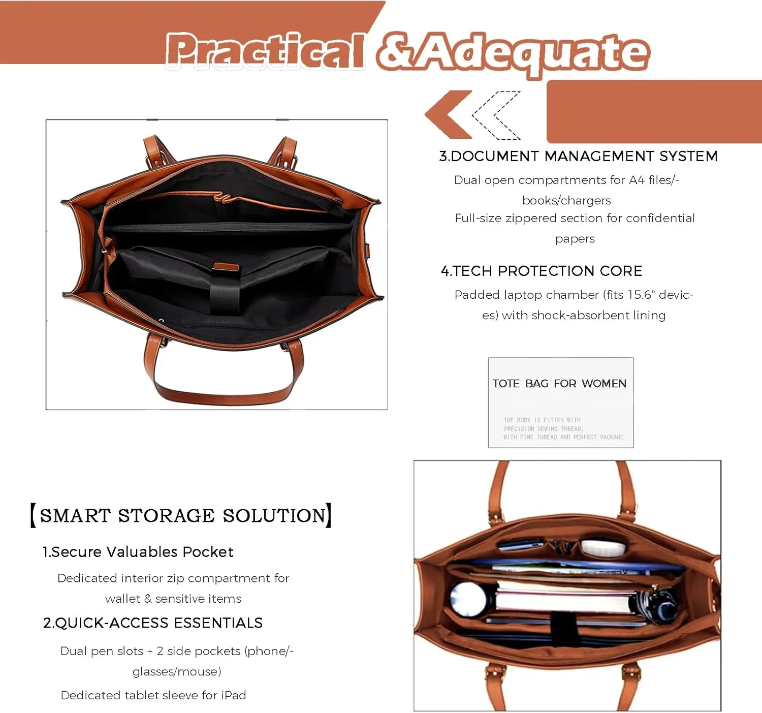 Vegan Leather 15.6" Laptop Tote - Work & Travel Water-Repellent Purse with Expandable Organizer, Lightweight Durable