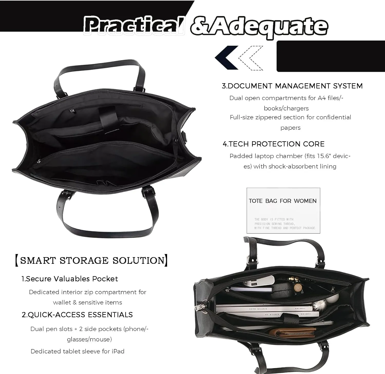 Vegan Leather 15.6" Laptop Tote - Work & Travel Water-Repellent Purse with Expandable Organizer, Lightweight Durable