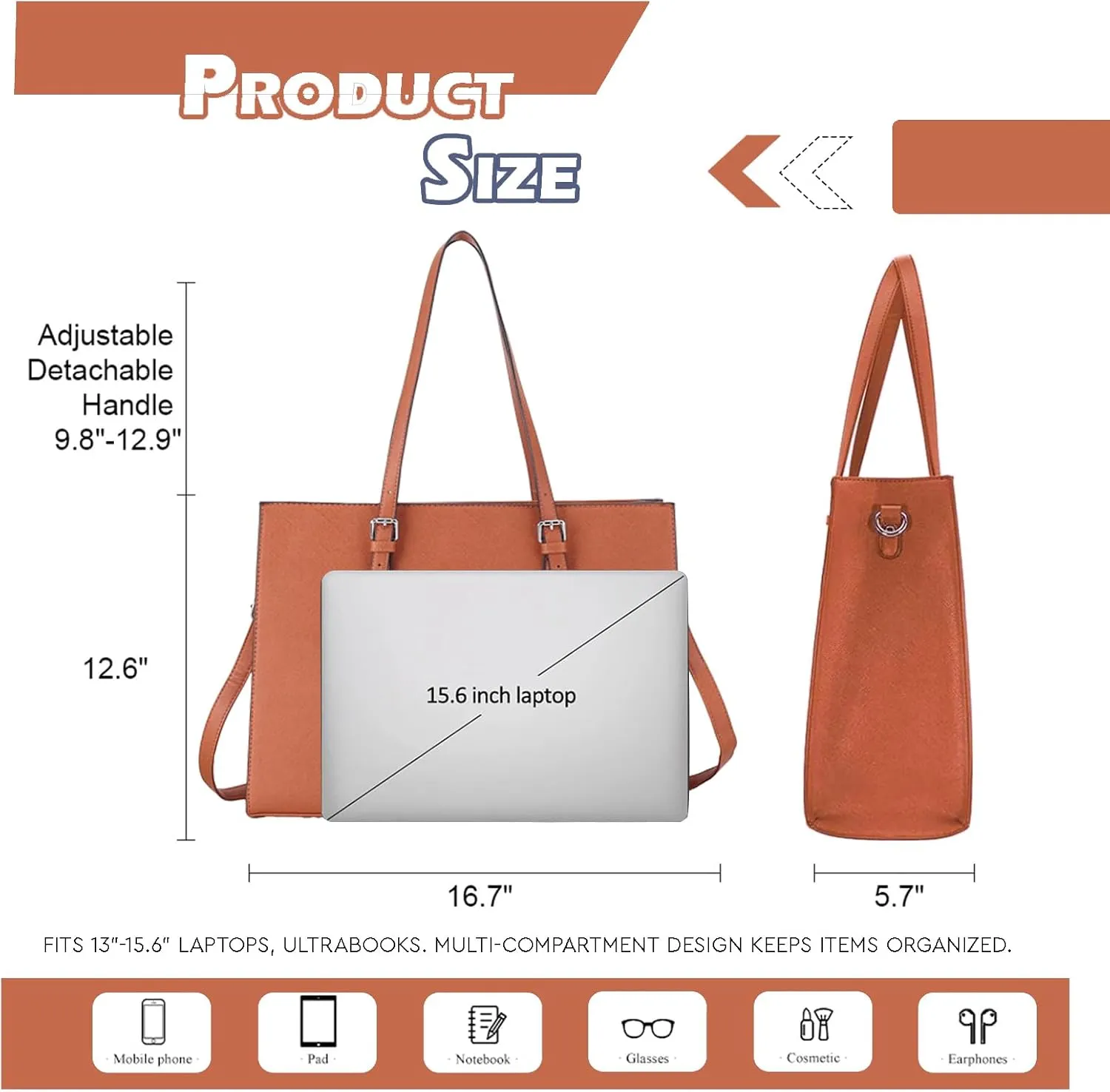 Vegan Leather 15.6" Laptop Tote - Work & Travel Water-Repellent Purse with Expandable Organizer, Lightweight Durable