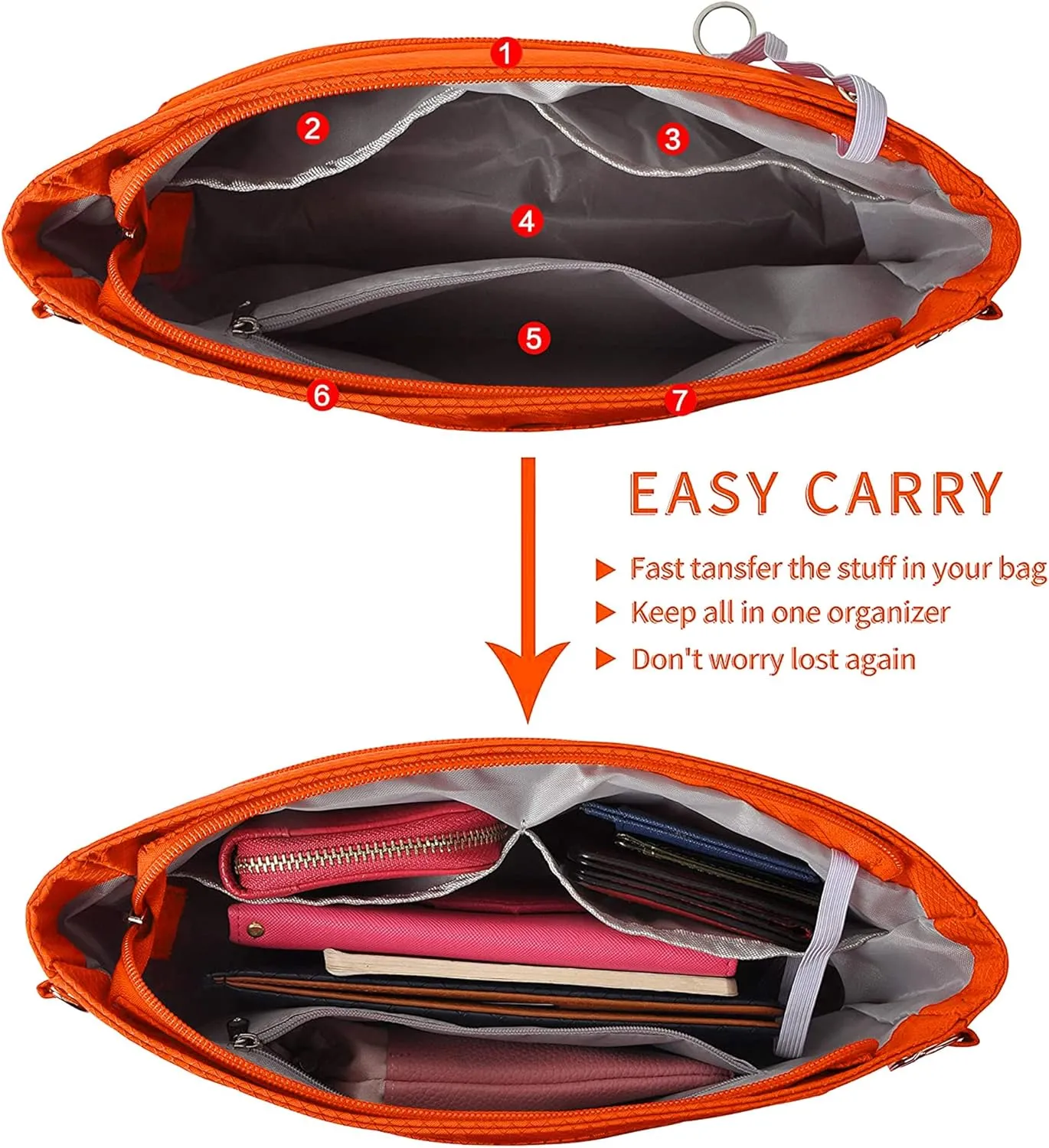 Vercord Expandable Nylon Handbag Purse Organizer Insert Liner Shaper Bag in Bag Orange Medium