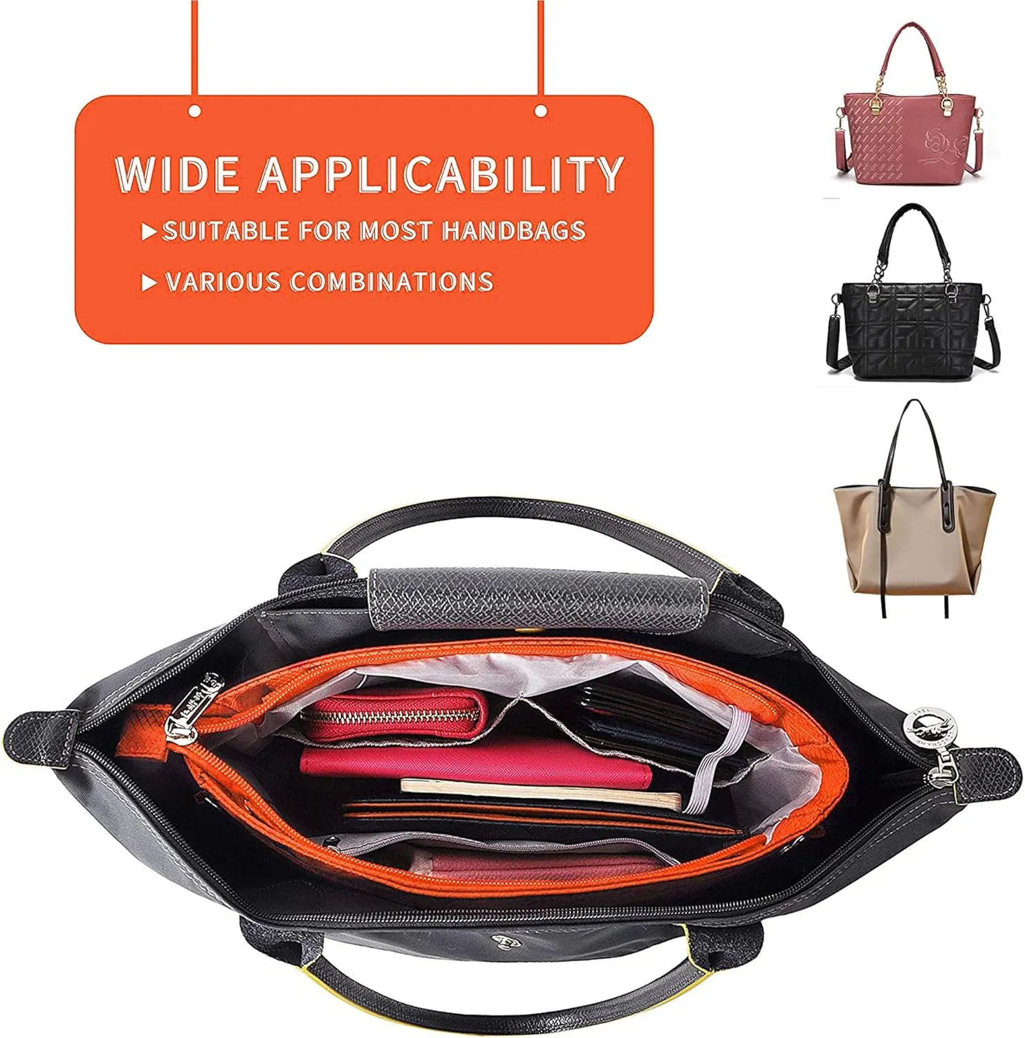 Vercord Expandable Nylon Handbag Purse Organizer Insert Liner Shaper Bag in Bag Orange Medium