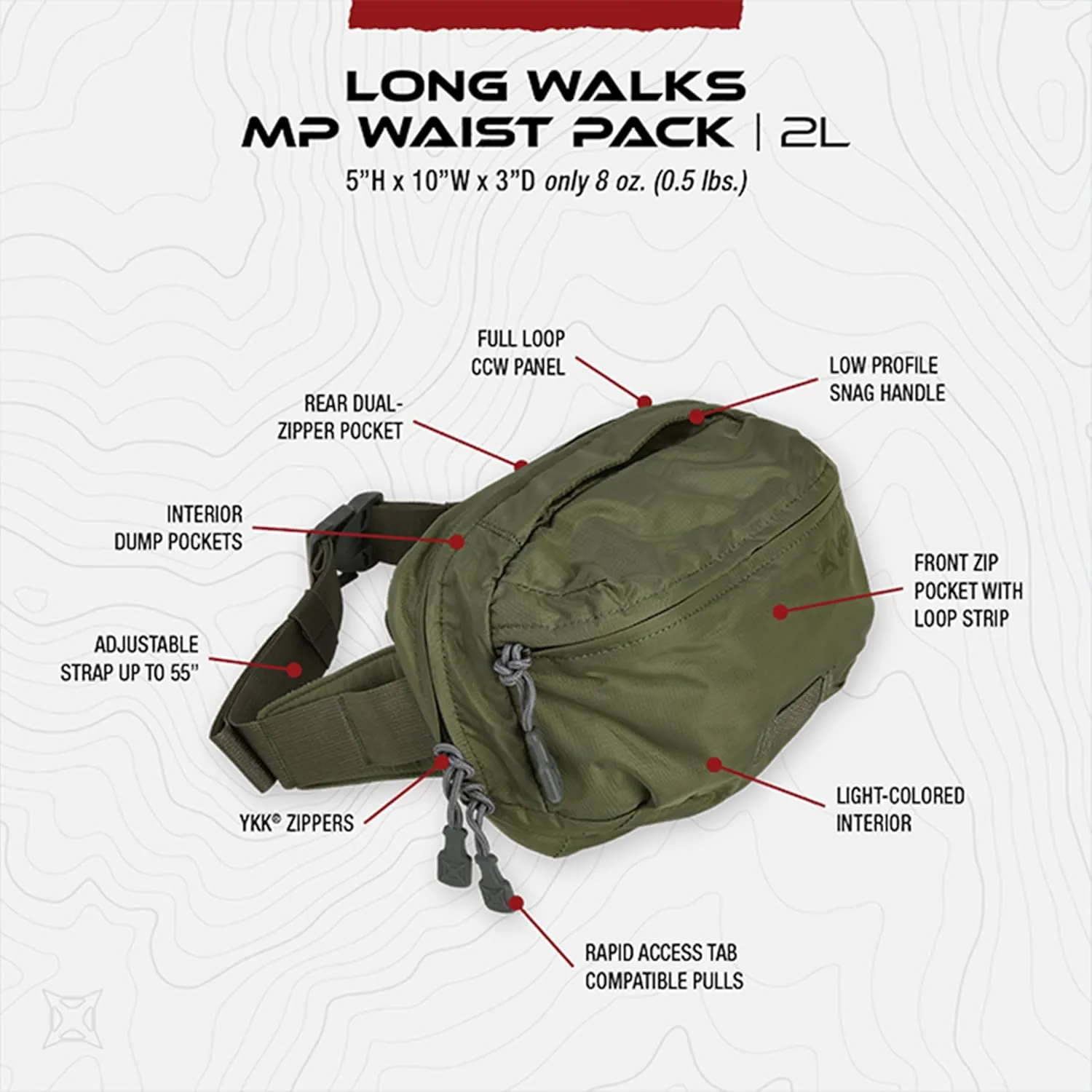 Vertx Long Walks MP 2L Tactical Waist Fanny Pack Concealed Carry Gear Bag for Travel, CCW, EDC, Work, Hiking, Outdoor