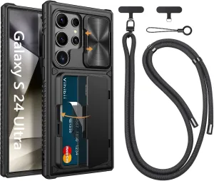 Vihibii for Samsung Galaxy S24 Ultra Case with Crossbody Lanyard Strap, Build-in Card Holder (4 Cards) & Slide Lens Cover & Kickstand & Raised Edges Protect Screen, Shockproof Rugged Phone Case, Black