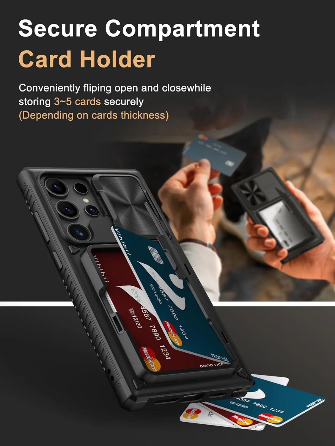 Vihibii for Samsung Galaxy S24 Ultra Case with Crossbody Lanyard Strap, Build-in Card Holder (4 Cards) & Slide Lens Cover & Kickstand & Raised Edges Protect Screen, Shockproof Rugged Phone Case, Black