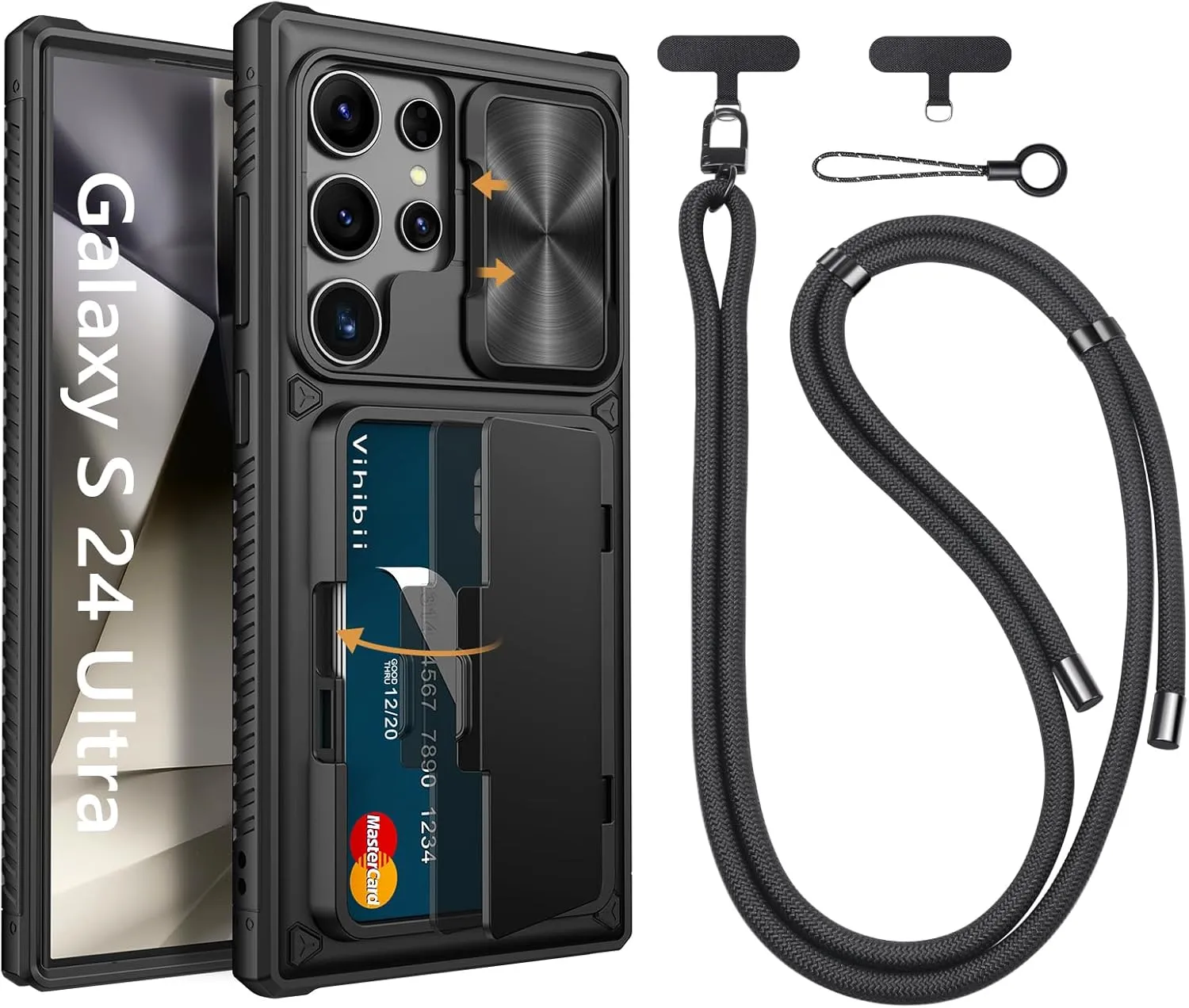 Vihibii for Samsung Galaxy S24 Ultra Case with Crossbody Lanyard Strap, Build-in Card Holder (4 Cards) & Slide Lens Cover & Kickstand & Raised Edges Protect Screen, Shockproof Rugged Phone Case, Black