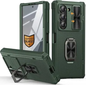 Vihibii Silicone for Samsung Galaxy Z Fold 6 Case with Kickstand [Military Drop Protection] Camera Cover & Hinge Protection & Screen Protector, Rugged Shockproof Hard Back TPU Edge Phone Case, Green
