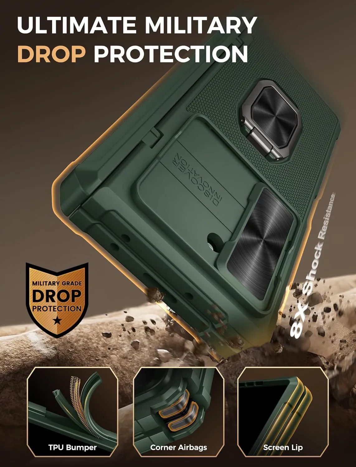 Vihibii Silicone for Samsung Galaxy Z Fold 6 Case with Kickstand [Military Drop Protection] Camera Cover & Hinge Protection & Screen Protector, Rugged Shockproof Hard Back TPU Edge Phone Case, Green