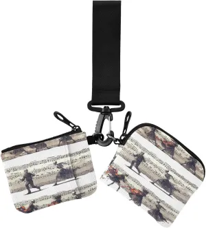 Vintage Black White Skeleton Dancer Musical Score Dual Coin Purse Credit Card Holder Wallet Minimalist Zipper Wallet Coin Bag with Keychain for Lady 2 Pcs