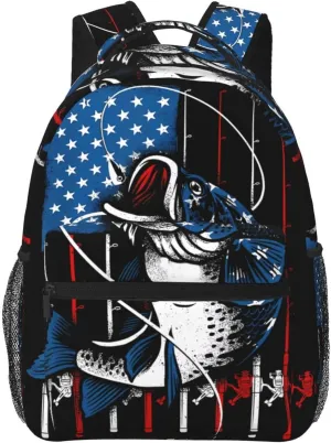 Vintage Fishing American Flag Casual Backpacks Sport Backpack Travel Rucksack Canvas Daypack Workout Bags with Pockets for Gym Working Hiking