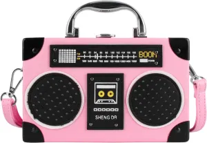 Vintage Radio Recorder Clutch Handbag Leather Top Metal Handle Crossbody Small Box Bag Shoulder Bag