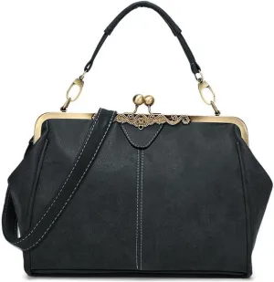 Vintage Women Tote BagsSmall Retro Handbags Kiss Lock Crossbody Bags Purse Frosted Leather Messenger Bag