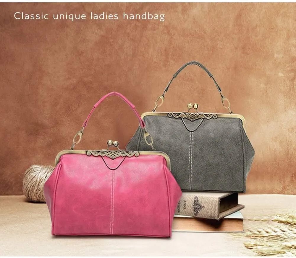 Vintage Women Tote BagsSmall Retro Handbags Kiss Lock Crossbody Bags Purse Frosted Leather Messenger Bag
