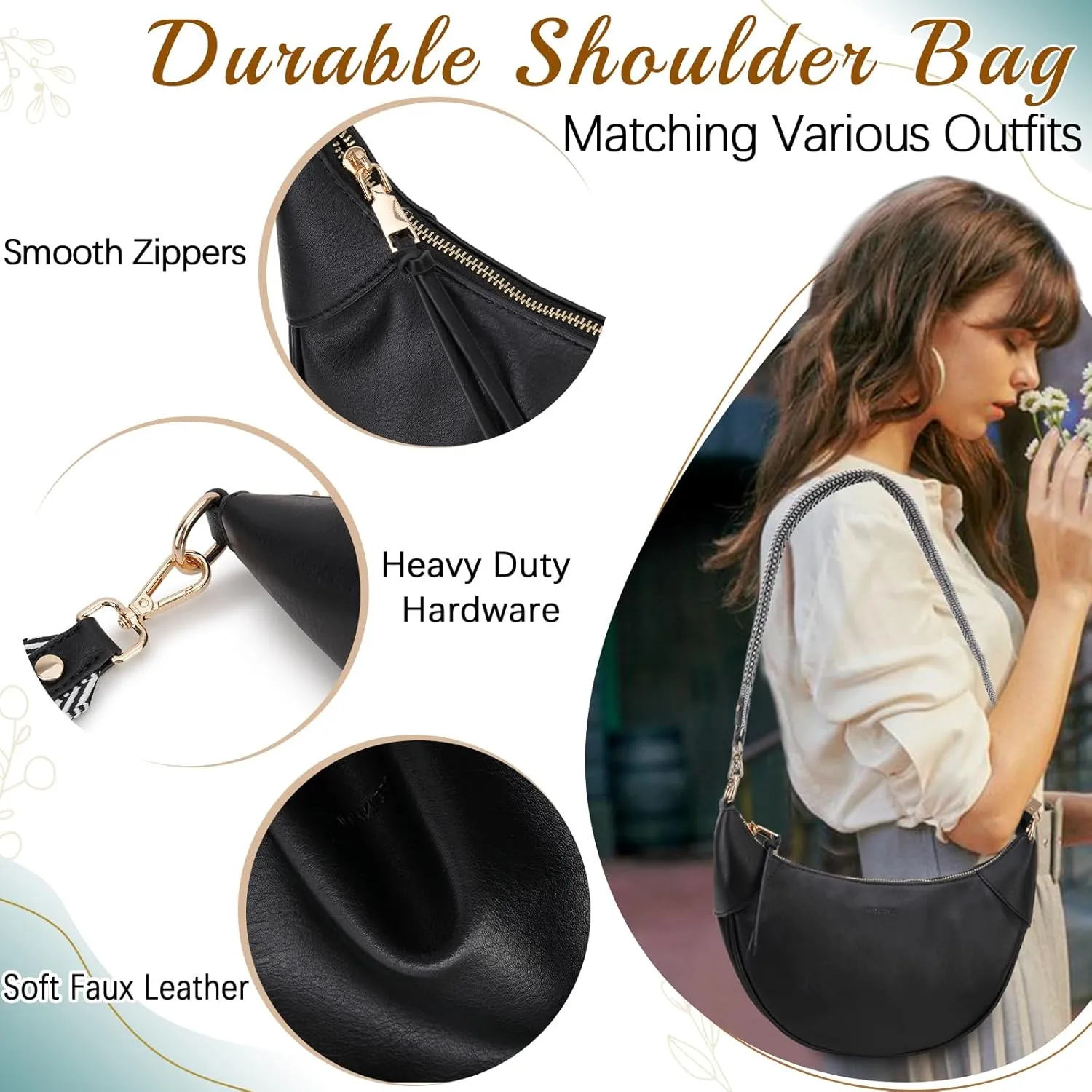 VX VONXURY Shoulder Bag for Women, Small Faux Leather Crescent Crossbody Purse with Zipper Closure, Fashion Underarm Handbag
