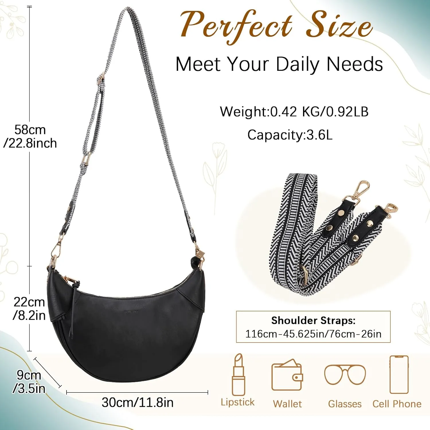 VX VONXURY Shoulder Bag for Women, Small Faux Leather Crescent Crossbody Purse with Zipper Closure, Fashion Underarm Handbag
