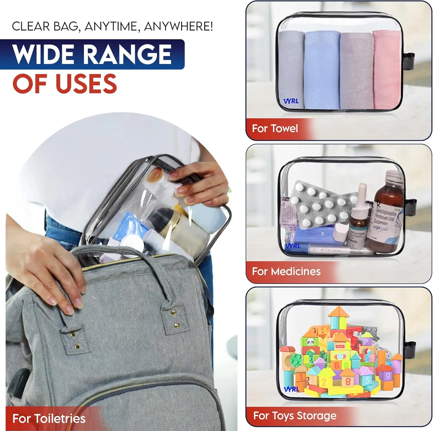 VYRL 4-Pack Clear Makeup Bags – 2 Large & 2 Small TSA-Approved Quart-Size Toiletry Bags – Water-Resistant Durable PVC Pouches with Zippers for Travel Essentials & Carry-On Accessories – Black