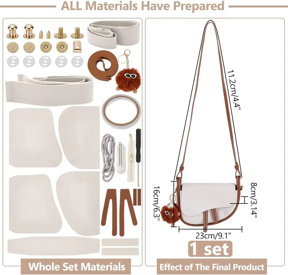 WADORN Fashion Handmade Saddle Bag Making Kits, DIY Imitation Leather Stitch Handbag Making Kit Set Women Shoulder Bag Sewing Material Kit for DIY Craft Bag Making Accessories, 9x3.1x6.3 Inch, White