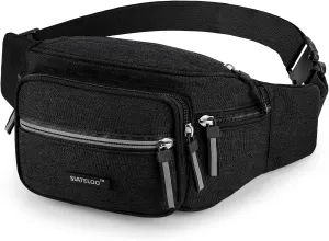 Waist Bag for Men Women, Waterproof Lightweight Travel Fanny Pack, Adjustable Belt Bag with 6 Pockets for Hiking, Running, Cycling (Black)