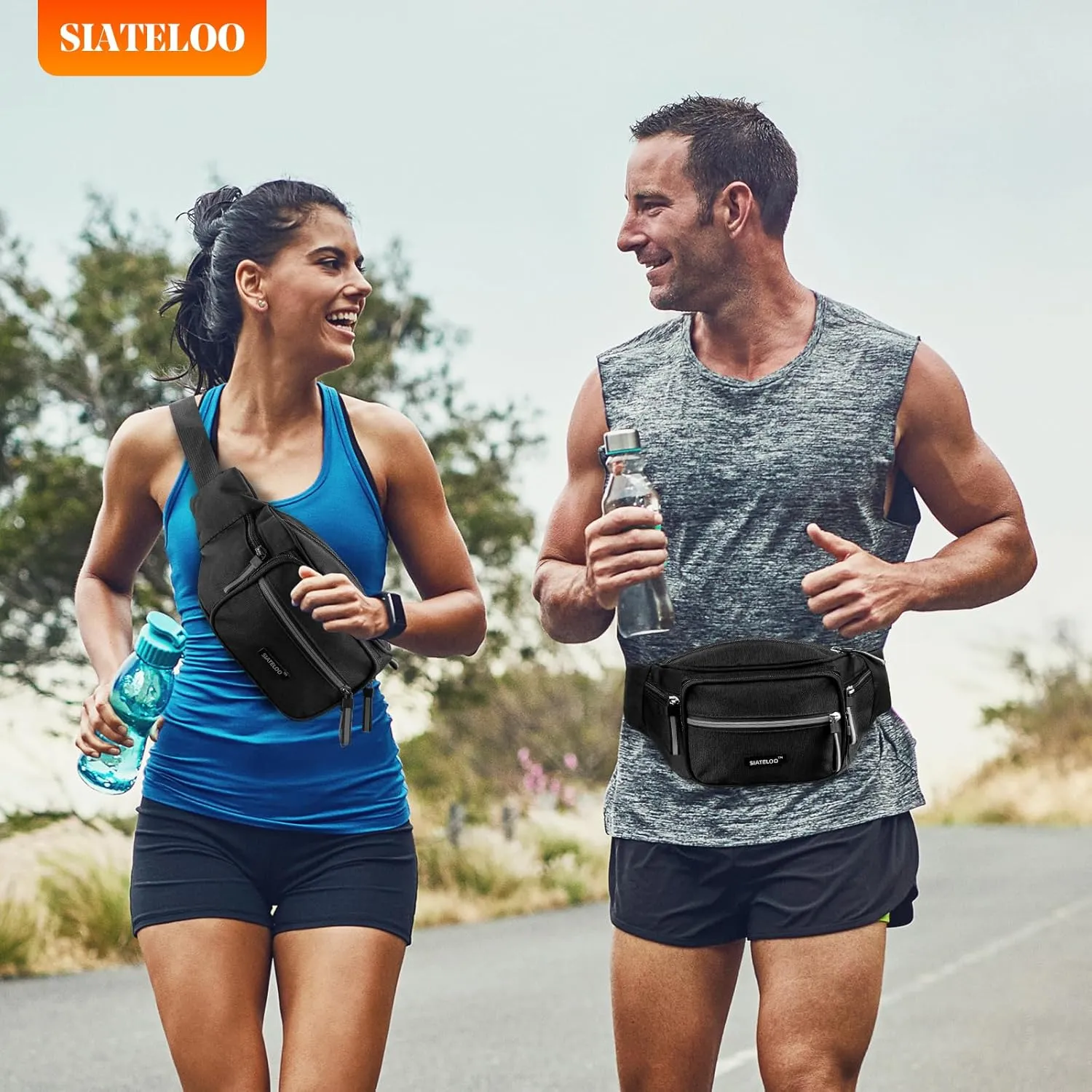 Waist Bag for Men Women, Waterproof Lightweight Travel Fanny Pack, Adjustable Belt Bag with 6 Pockets for Hiking, Running, Cycling (Black)