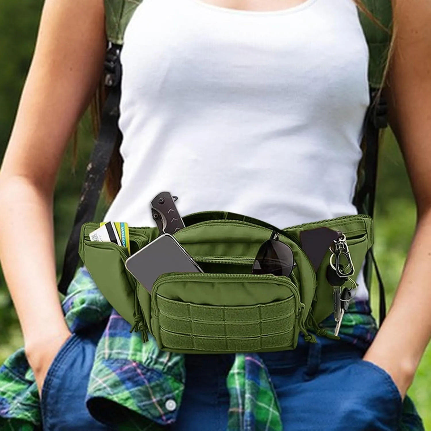 Waist Packs - Camping Waist Bag with 5 Pockets - Multifunctional, Adjustable Strap, Perfect for Sports, Travel, Running, & Camping - All-in-One Organizer, Army Green