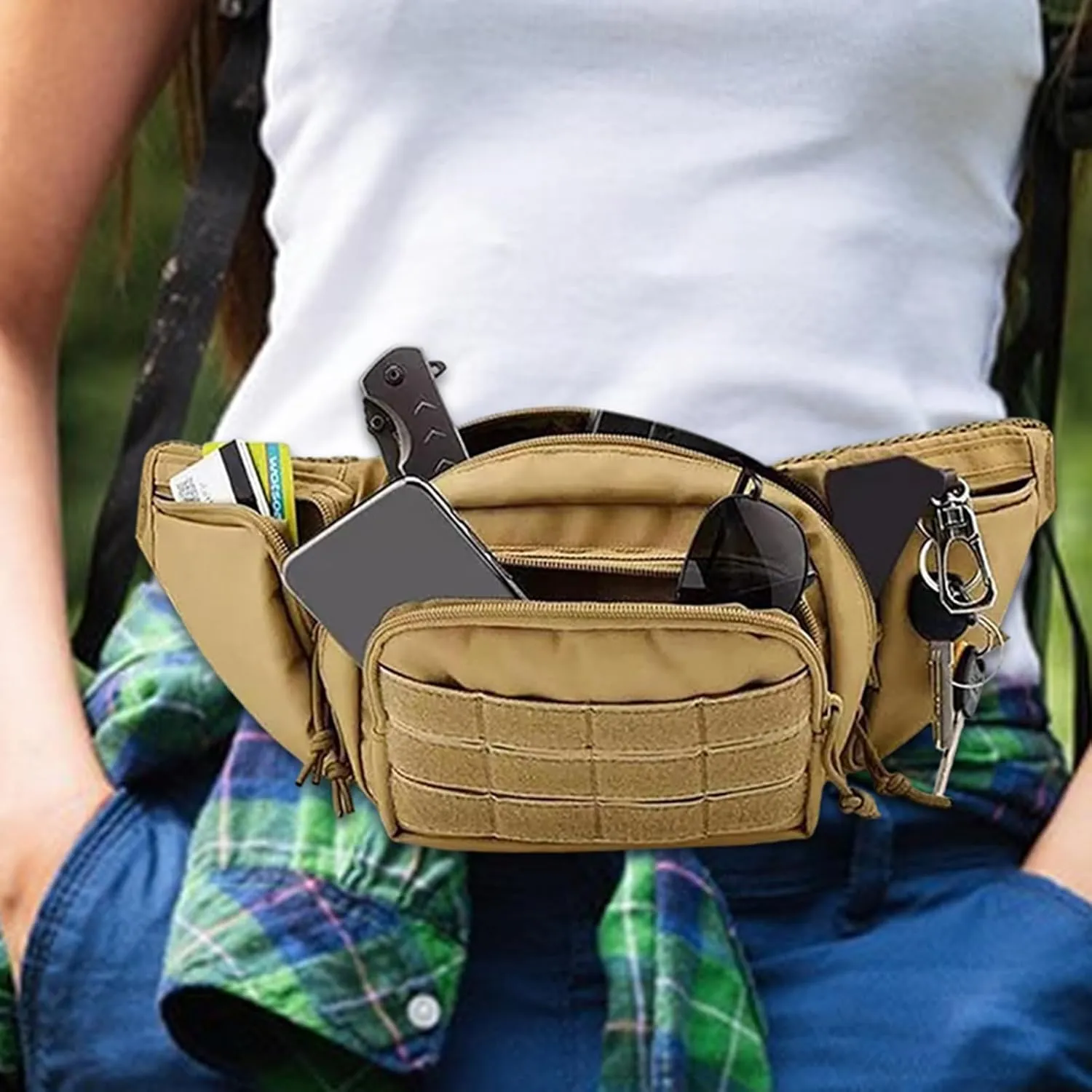 Waist Packs - Camping Waist Bag with 5 Pockets - Multifunctional, Adjustable Strap, Perfect for Sports, Travel, Running, & Camping - All-in-One Organizer, Khaki