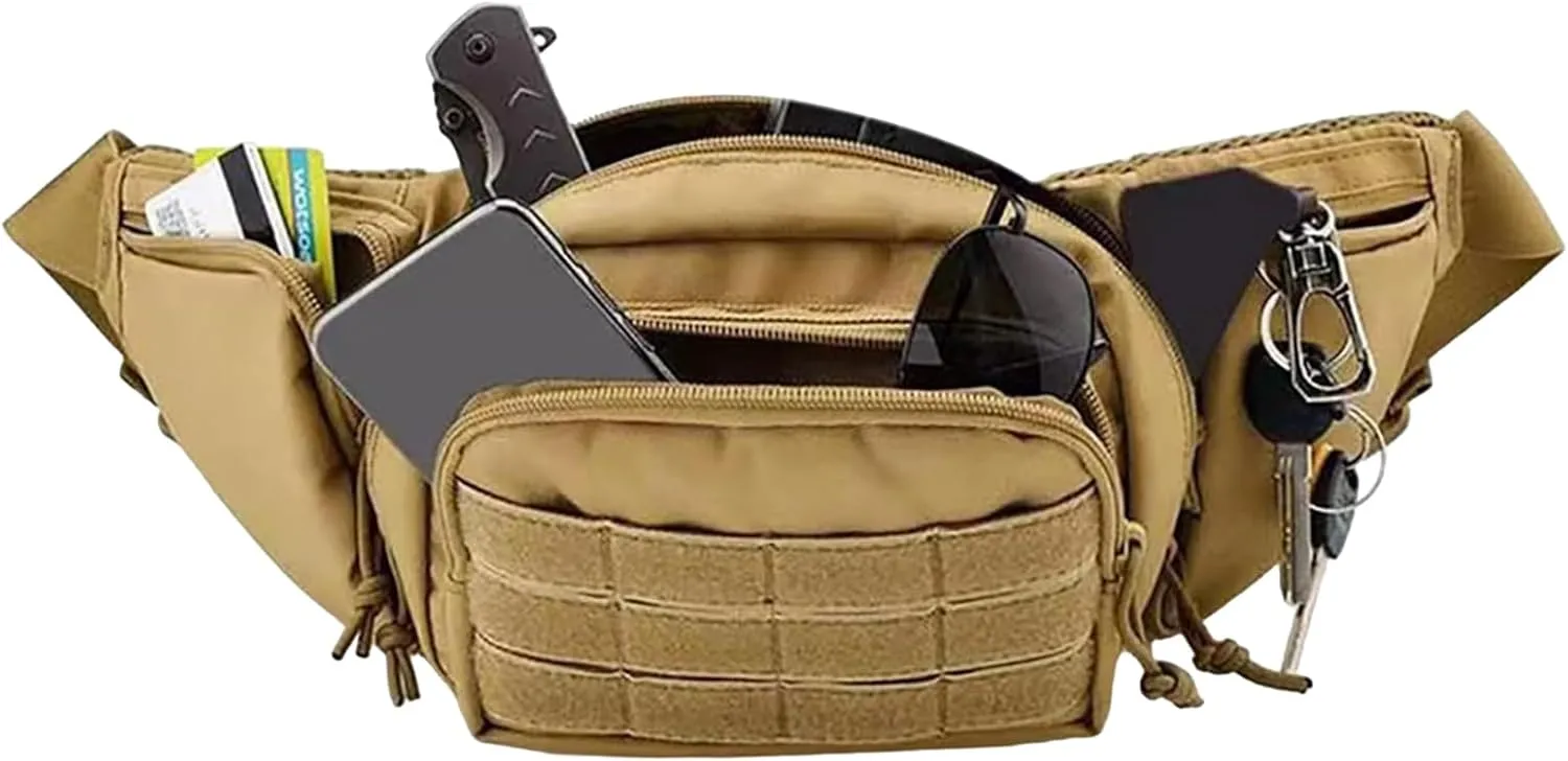 Waist Packs - Camping Waist Bag with 5 Pockets - Multifunctional, Adjustable Strap, Perfect for Sports, Travel, Running, & Camping - All-in-One Organizer, Khaki