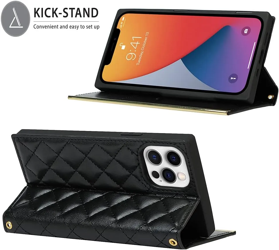 Wallet Case Apply to iPhone 12/12 Pro,Luxury Fashion Flip Purse Leather Bag with Card Slots Crossbody Chain Shoulder Strap with Mirror Bracket Shockproof Protector (iPhone 12/12 Pro, Black)