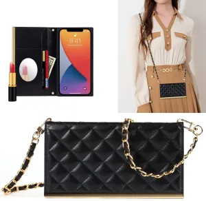 Wallet Case Apply to iPhone 12/12 Pro,Luxury Fashion Flip Purse Leather Bag with Card Slots Crossbody Chain Shoulder Strap with Mirror Bracket Shockproof Protector (iPhone 12/12 Pro, Black)