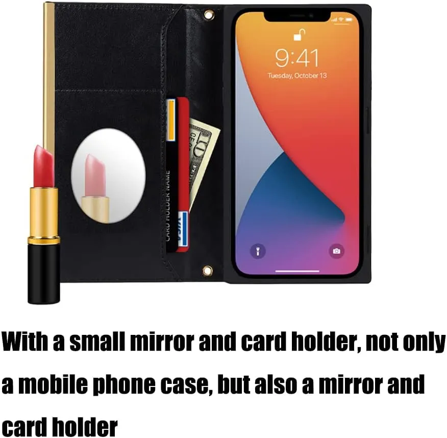 Wallet Case Apply to iPhone 12/12 Pro,Luxury Fashion Flip Purse Leather Bag with Card Slots Crossbody Chain Shoulder Strap with Mirror Bracket Shockproof Protector (iPhone 12/12 Pro, Black)