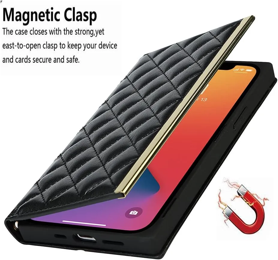 Wallet Case Apply to iPhone 12/12 Pro,Luxury Fashion Flip Purse Leather Bag with Card Slots Crossbody Chain Shoulder Strap with Mirror Bracket Shockproof Protector (iPhone 12/12 Pro, Black)